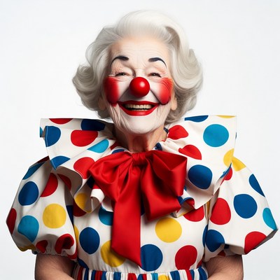 Elderly woman in clown costume smiling