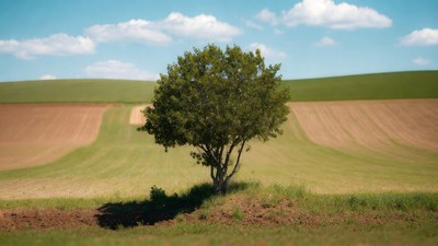 Lone tree in green fields
