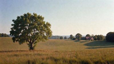 Large tree in golden field with red house