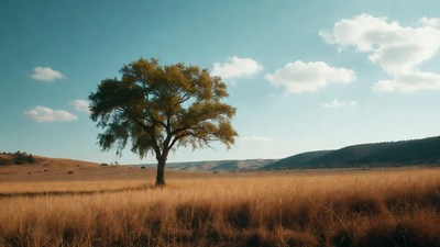 Lone Tree in Golden Grassland