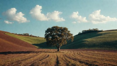 Lone Oak Tree in Colorful Rolling Hills