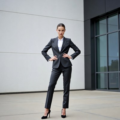 Woman in black suit standing confidently