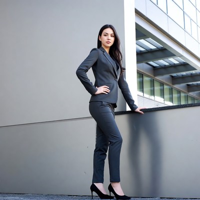 Asian woman in gray suit leaning on balcony