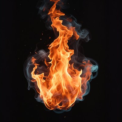 Fiery flame with smoke on black