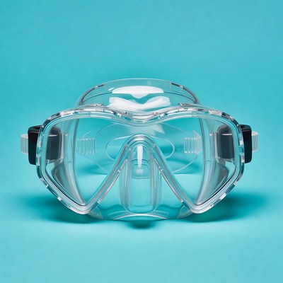 Clear diving mask on blue background
