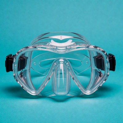 Clear diving mask on blue background