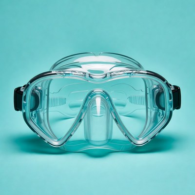 Clear snorkeling mask on blue background