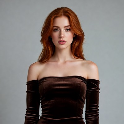 Woman in brown off-shoulder velvet dress