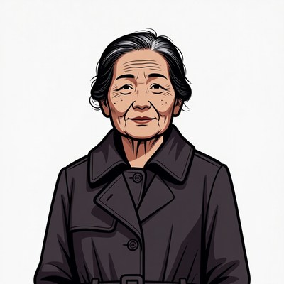 Elderly Asian woman in black coat