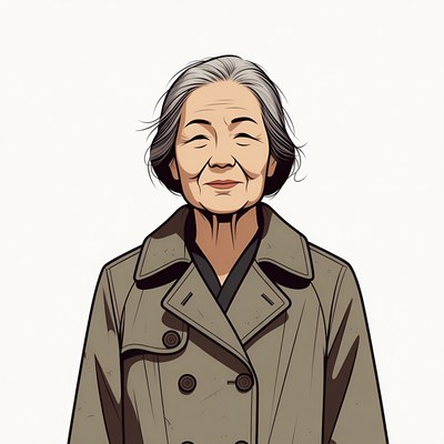 Elderly Asian woman in trench coat