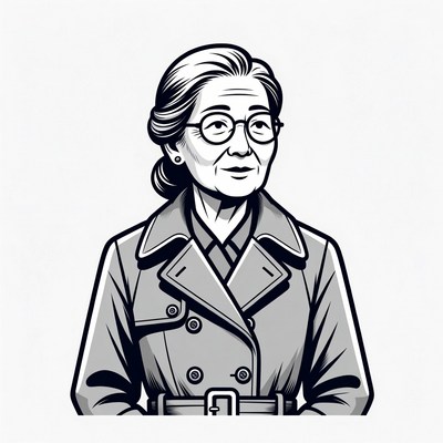 Elderly Asian woman in trench coat