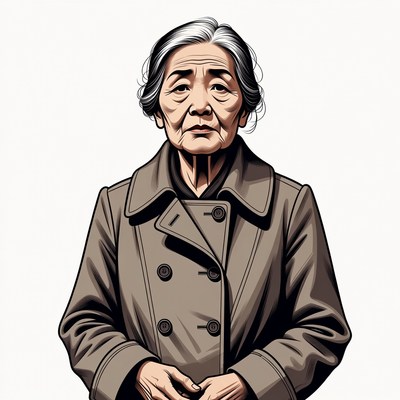 Elderly Asian woman in trench coat