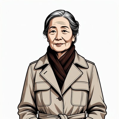 Elderly Asian woman in trench coat