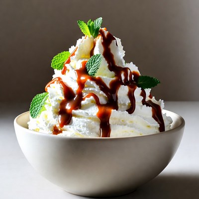 Whipped Cream Bowl with Caramel and Mint