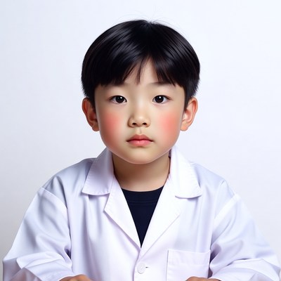 Asian boy wearing lab coat