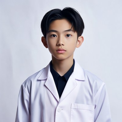 Asian boy in white lab coat