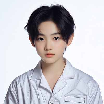Asian boy in white lab coat