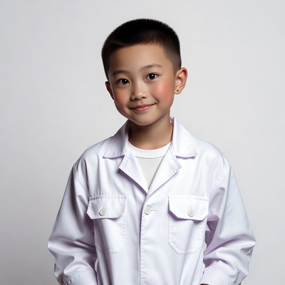 Asian boy in white lab coat