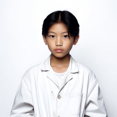 Asian boy in white lab coat