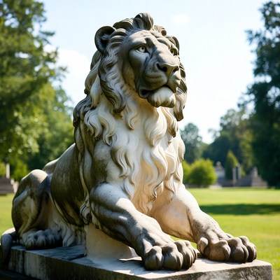 Stone Lion Statue in Garden