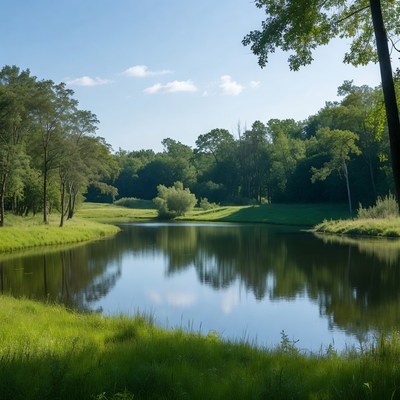 Serene lake surrounded by green trees