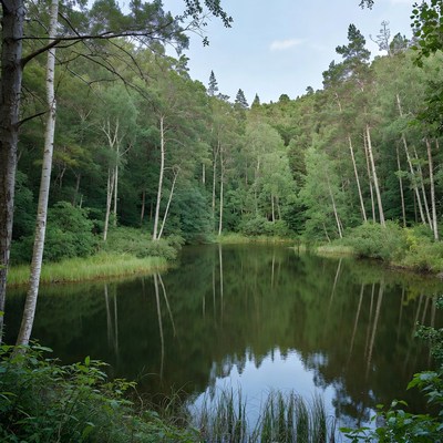 Forest Lake with Tree Reflections