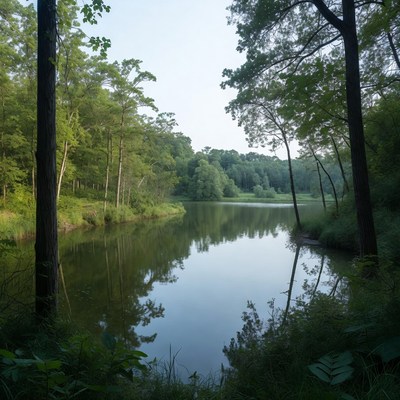 Serene Forest Lake with Tree Reflections