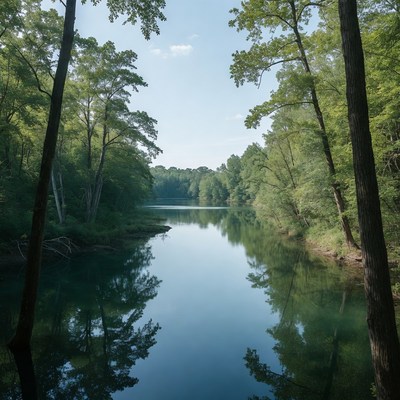 Serene River Framed by Green Trees