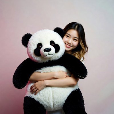 Asian woman hugging giant panda teddy bear