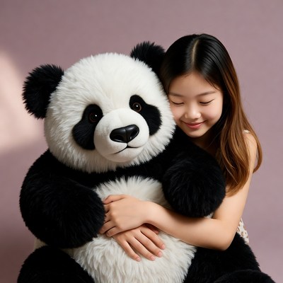 Asian girl hugging giant panda plush