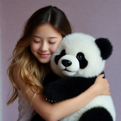 Girl hugging giant panda plush