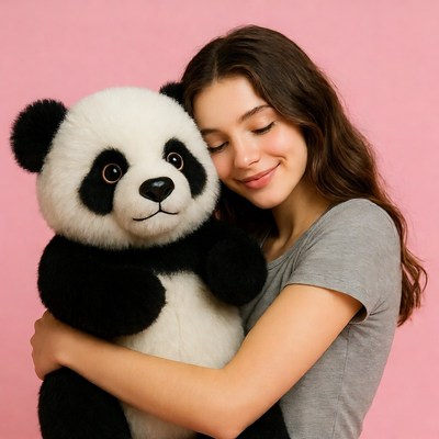 Girl hugging giant panda plush