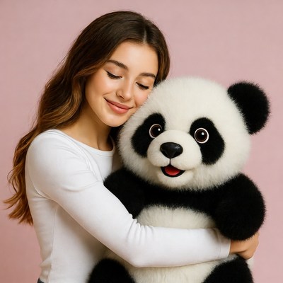 Woman hugging giant panda plush