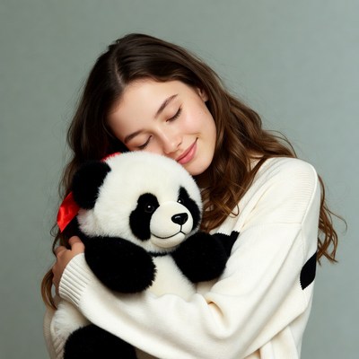 Girl hugging teddy panda bear