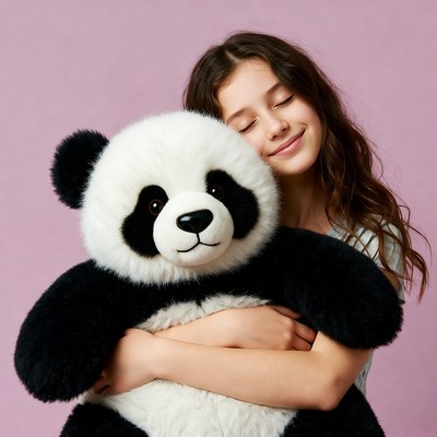 Girl hugging giant panda teddy bear