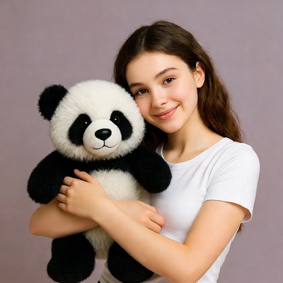 Girl hugging panda teddy bear