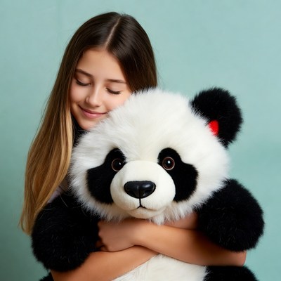 Girl hugging giant panda teddy bear