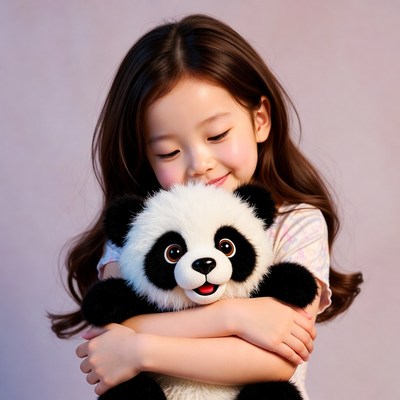 Asian girl hugging teddy panda