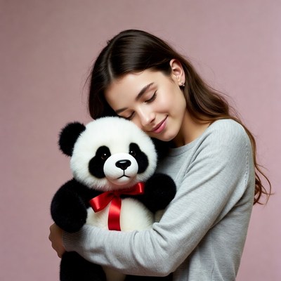Girl hugging teddy panda bear