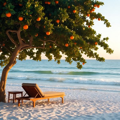 Orange tree on beach with lounge chair
