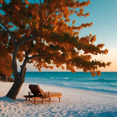 Wooden Chaise Lounge Under Autumn Tree Beach