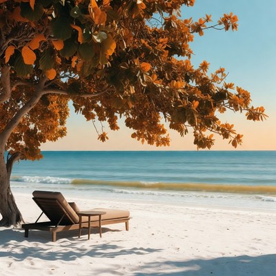 Empty Lounge Chair Under Autumn Tree Beach
