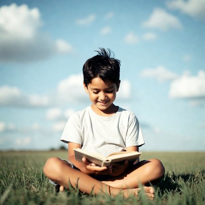 Young boy reading book in grass