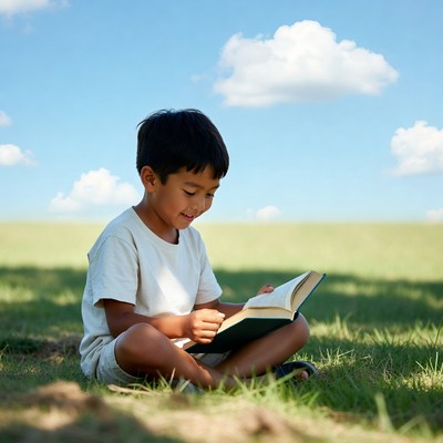 Asian boy reading book outdoors