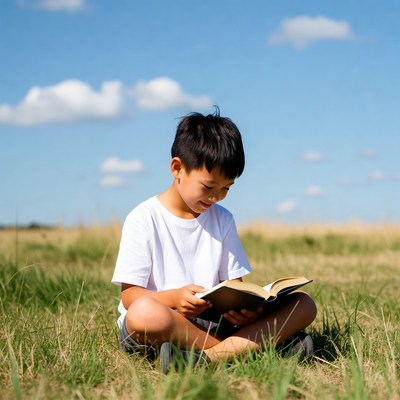 Asian boy reading book in grass