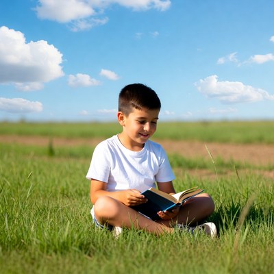 Boy reading book in green field