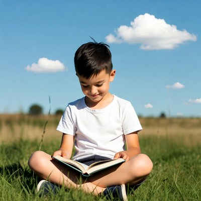 Boy reading book in grass field
