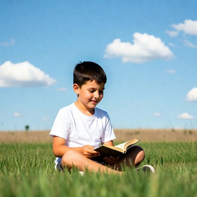 Boy reading book in grass