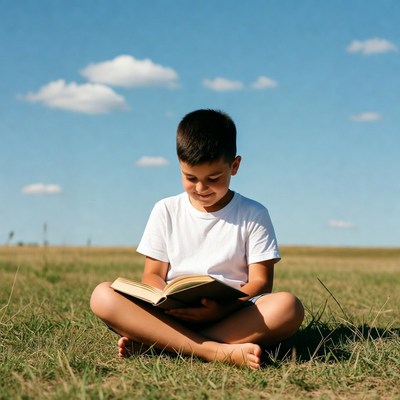 Boy reading book in grass field