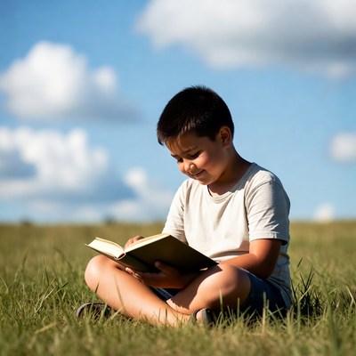 Boy reading book in grass